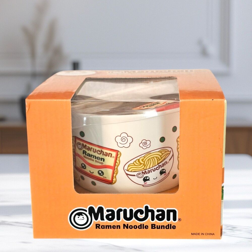 Ramen Bowl Maruchan Kawaii Noodles Ceramic Bowl with Reusable Bamboo Chopsticks